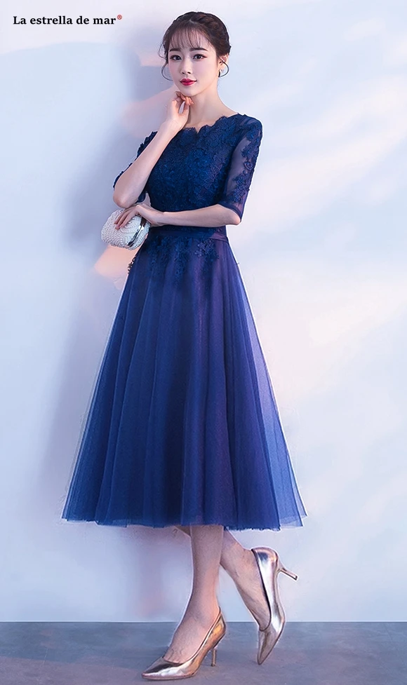 Vestidos para boda invitadas новые кружевные полурукава A Lina бордовые темно-синие цвета шампанского вечерние Вечерние Длина чая suknie na wese