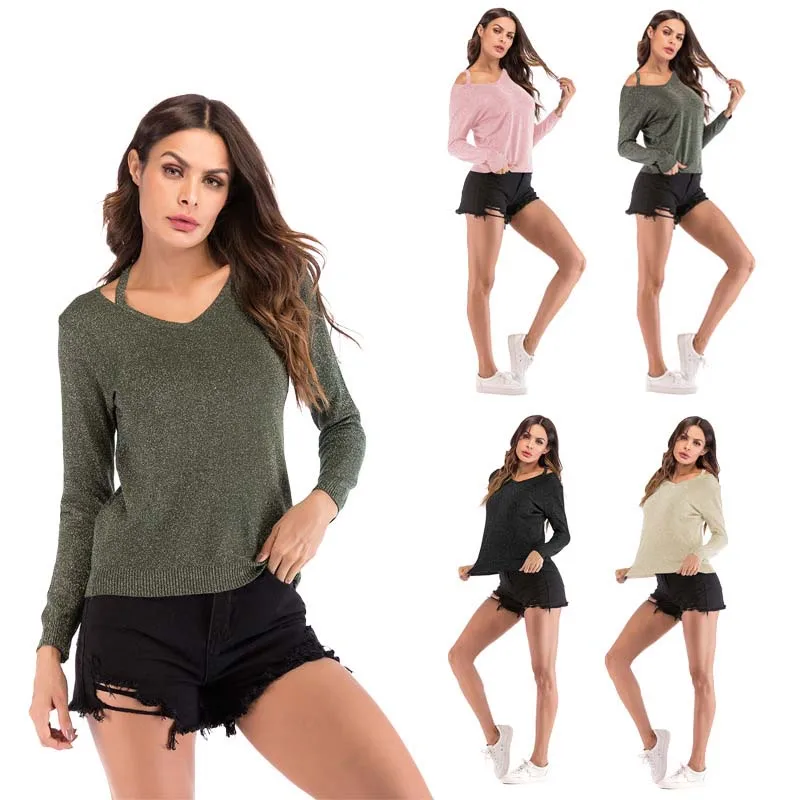 

Autumn V-Neck Sweater Women Pink Knitted Slim Fit Tops Long Sleeve Casual Spring Green Sexy Female Hollow Out Pullovers Ladies