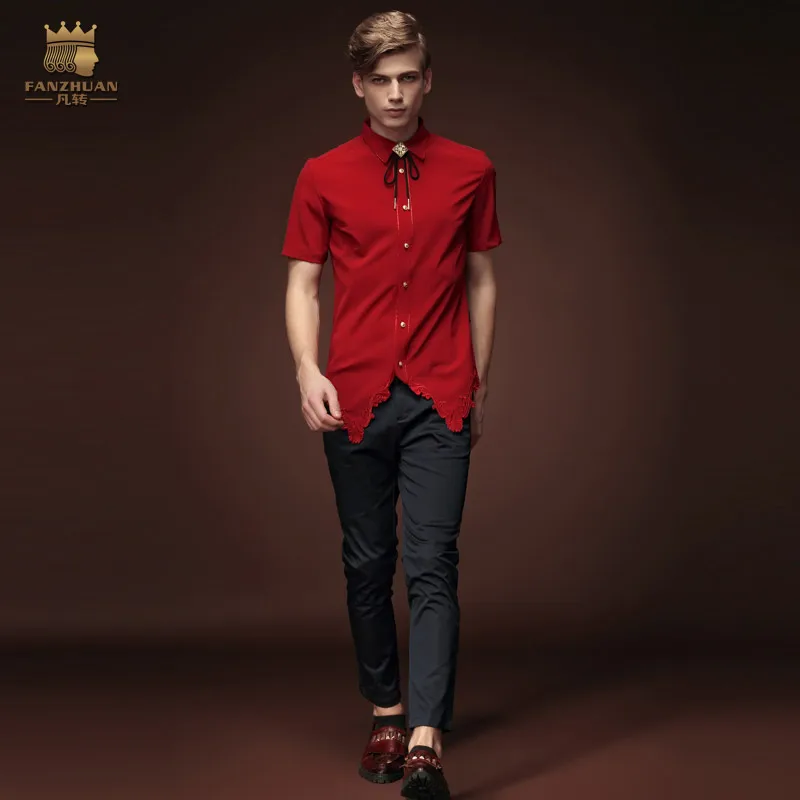 FANZHUAN новые мужские оригинальные блузы красные стильные рубашки с коротким рукавом топы с вышивкой мужская одежда смокинг рубашки
