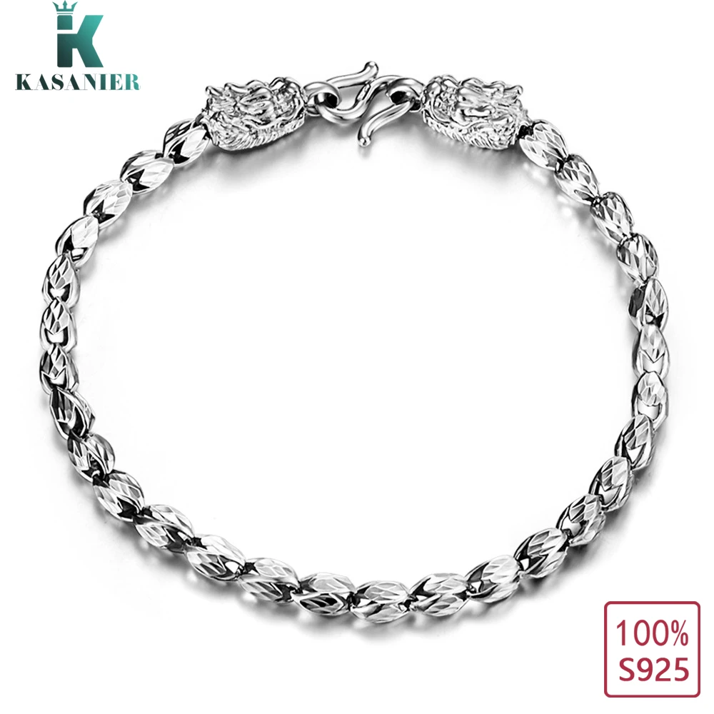 S925 стерлингового серебра 4 уникальный стиль Браслеты 4 мм с китайским драконом и бисером Браслеты для мужчин и женщин, подарок, ювелирное изделие kasanier