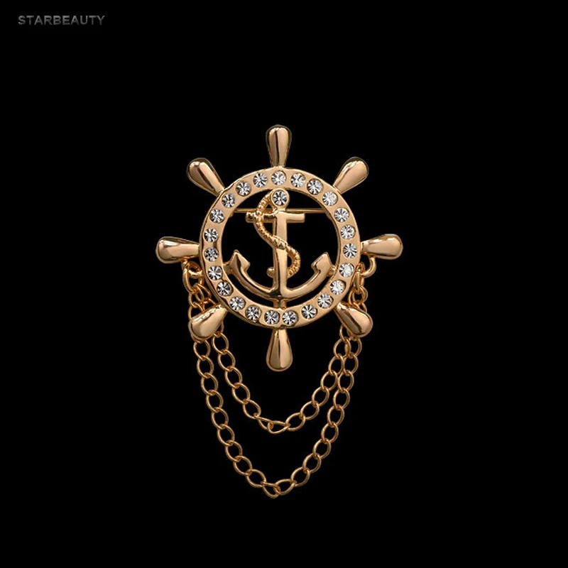 

Golden Rudder Anchor Brooch Mens Suit Boutonniere Badge Korean Brooches for Men Lapel Pin Women Broches Chain Christmas Gift