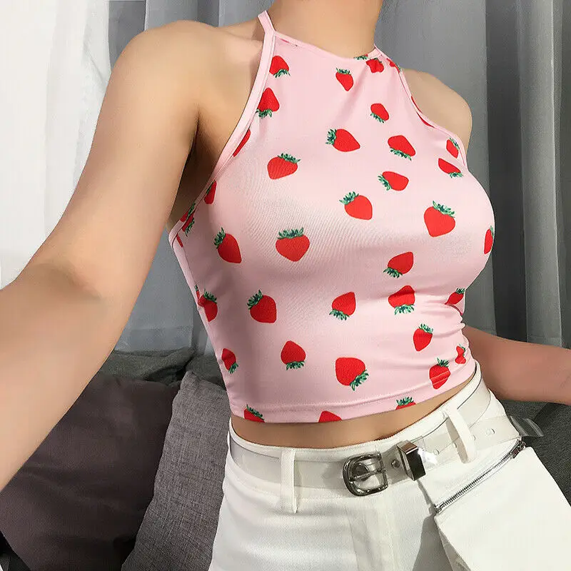 

Summer Sweet Strawberry Print Women Fashion Pink Halter Bare Midriff Tank Tops Vest Sleeveless Crop