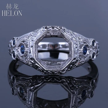 

HELON Solid 14k White Gold 0.25ct Natural Diamonds & Sapphire 8mm Round Cut Ladies Jewerly Fancy Engagement Semi Mount Fine Ring