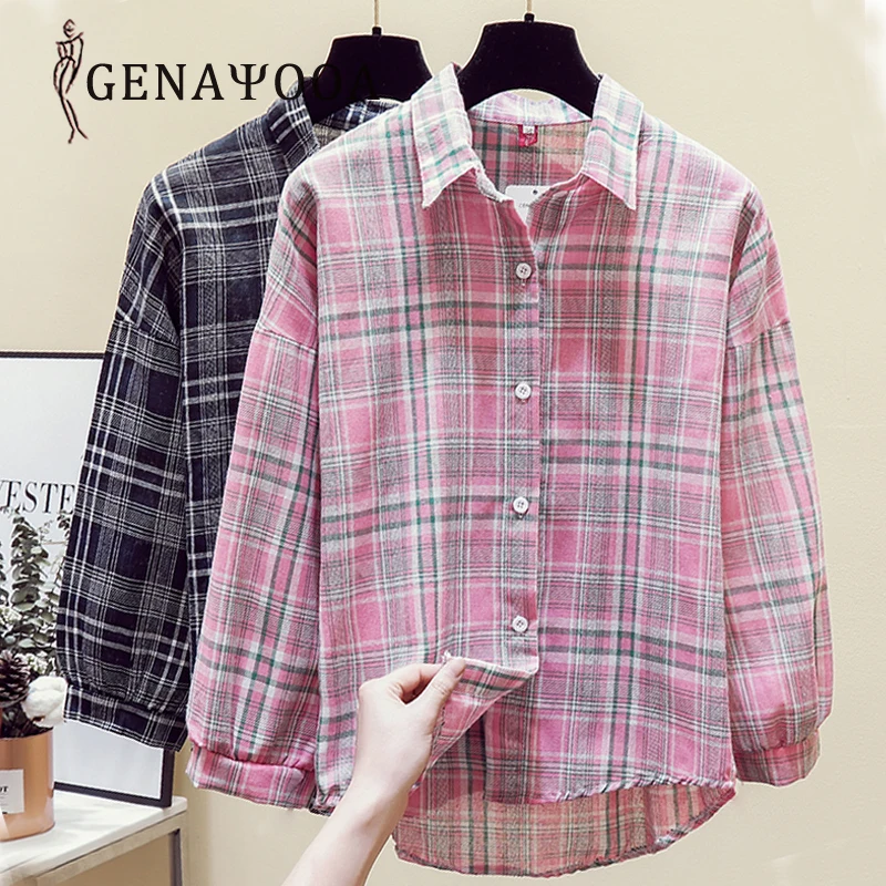 

Summer Blouse Women Cotton Casual Long Sleeve Female Shirt Collar Shirts Plaid Womens Tops And Blouses Streewear Camisas Mujer