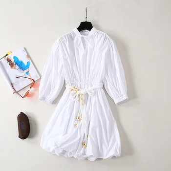 

European and American women's clothing 2019 summer new style fashion lace-up Three-quarter sleeve standing collar White dress