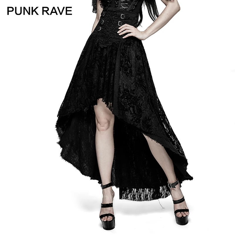 PUNK RAVE Gothic Fancy Paleis Zwarte Hoge Taille Kant Bloem Rok Borduren Asymmetrische Lolita Avondfeest Sexy Lange Rokken PUNK RAVE Gothic Fancy Paleis Zwarte Hoge Taille Kant Bloem Rok Borduren Asymmetrische Lolita Avondfeest Sexy Lange Rokken