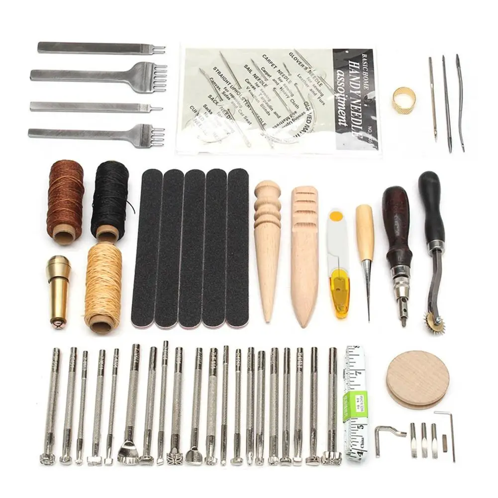 

59PCS Leather Craft Hand Tools Kit Thread Awl Waxed Thimble Kit For Hand Stitching Sewing Stamping DIY Tool Set