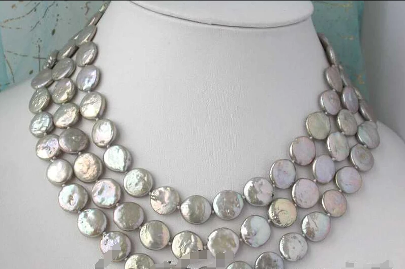 

Free shipping >>>>>Z2455 3row 13mm coin gray freshwater pearl necklace