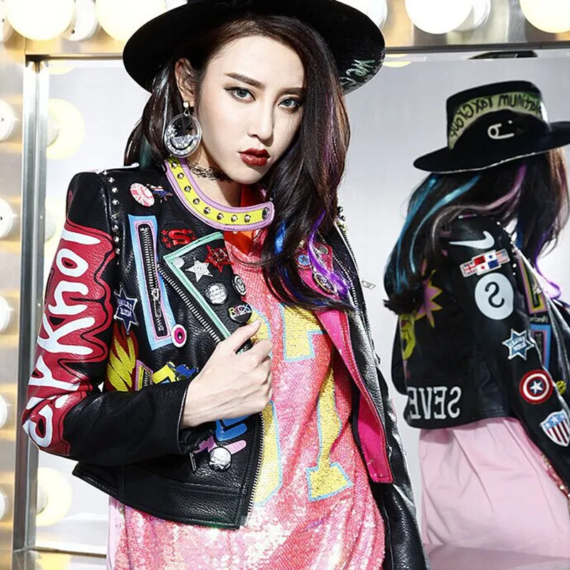 Осенняя Женская Короткая кожаная куртка в стиле панк черная на молнии с