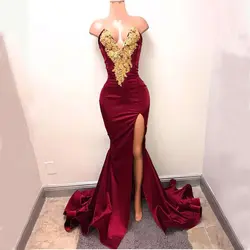 Новый дизайн 2K19 сексуальные Выпускные платья Burgundy с Золотое платье с кружевными аппликациями спереди Разделение для 2019 Длинные вечерние