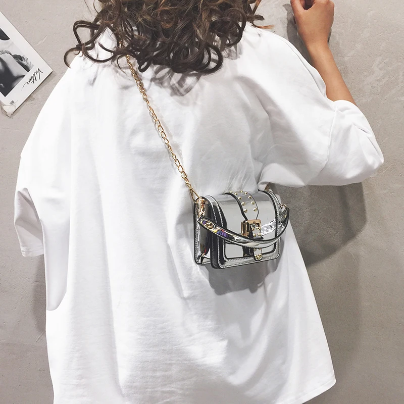 

Mini Tote bag 2019 Summer New Quality Patent Leather Women's Designer Handbag Lock Rivet Chain Shoulder Messenger bag Purses