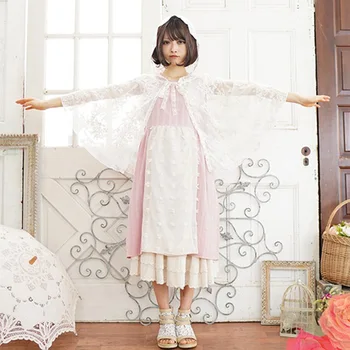 

Spring Summer Mori Girl Two Piece Shawl Cape Dress Women Lace Embroidery Fairy Sleeveless Patchwork Female Kawaii Dress A204