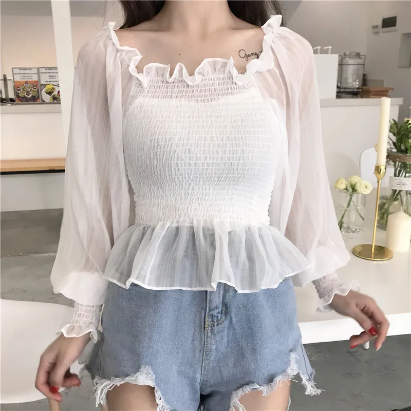 Shirts Women Slash Neck Lace Full Short Simple Elegant Ladies Korean Style Shirt Womens Slim Soft Chiffon Lantern Sleeve Shirt