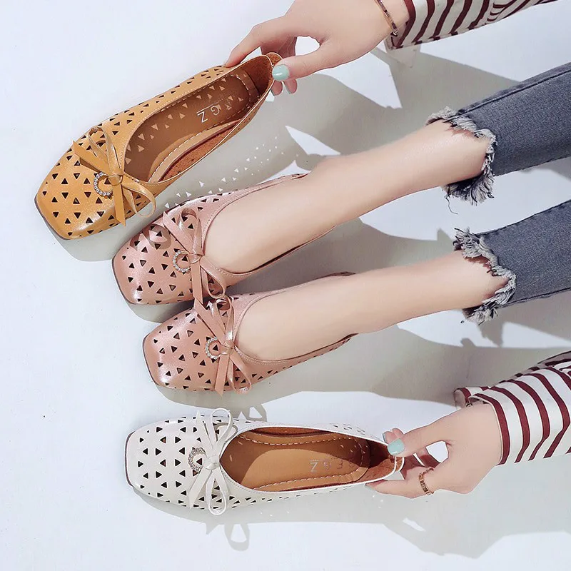 

New Women Flats Shoes Ballet Flats Fashion Slip On Cut Outs Flat Women Shoes Sweet Hollow Summer Female Bow Peas Boat Shoes