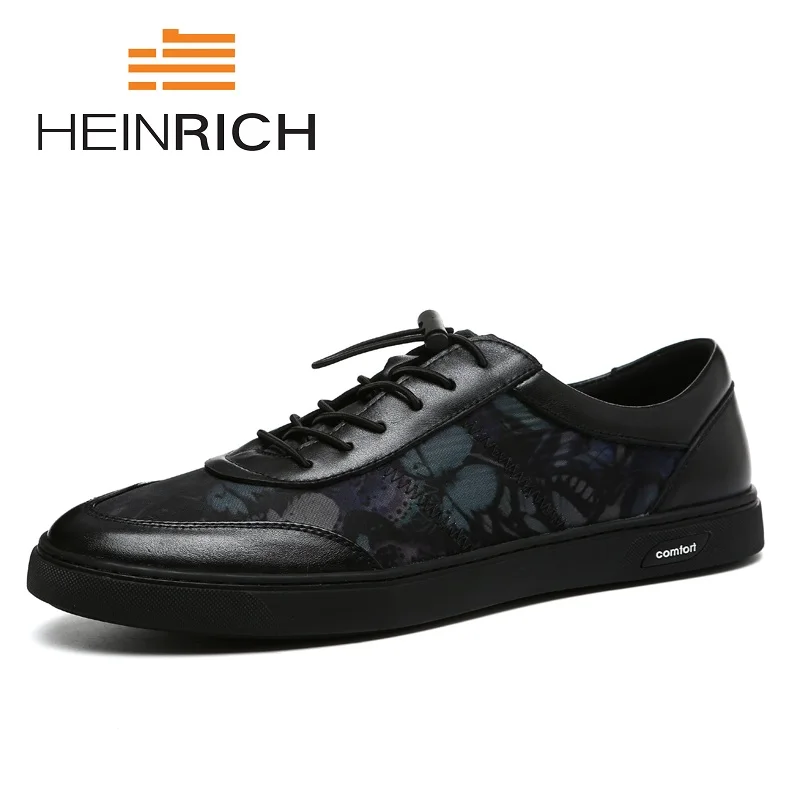

HEINRICH 2018 Mens Shoes Casual Flats Low Top Male Leather Shoes Lace Up Black Brand Comfortable Sneakers Bota Masculina