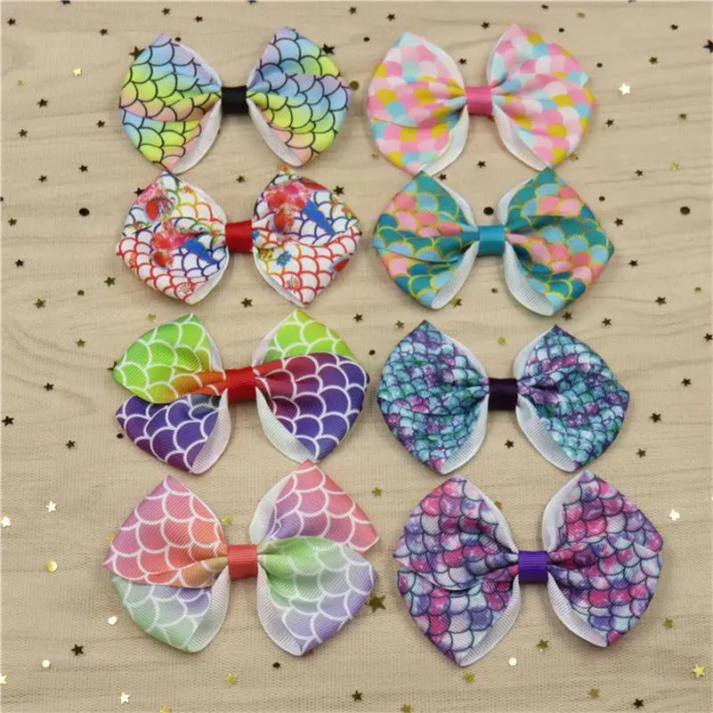 8PCS/LOT Pretty Fish Scale Barrettes for Children Sequin Girls Ribbon Elastic Hair Bands Bows Accessories Best Friend Gift |