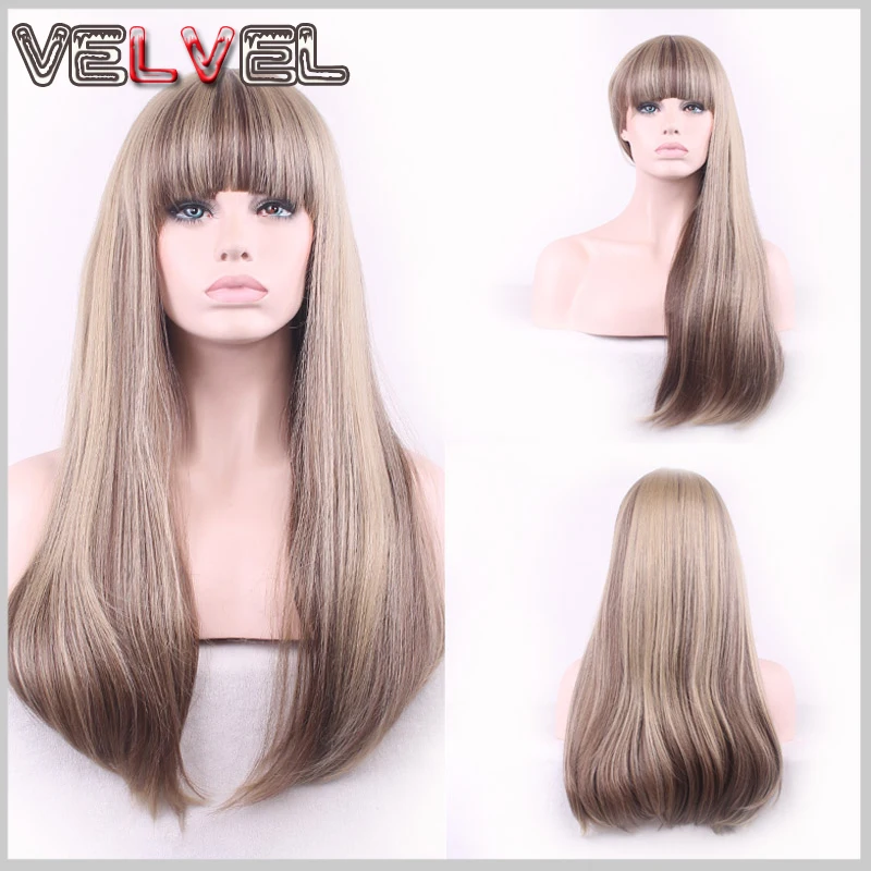 Fashion Women Blonde Mixed Gray Gradient Wig Long Straight Natural