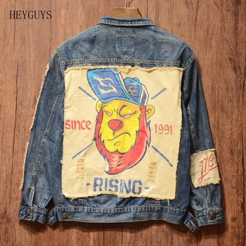 

Japanese street tide brand Original designer Appliques cloth Lion Pattern for Men denim jacket coat Hip Hop Punk youth Outerwear