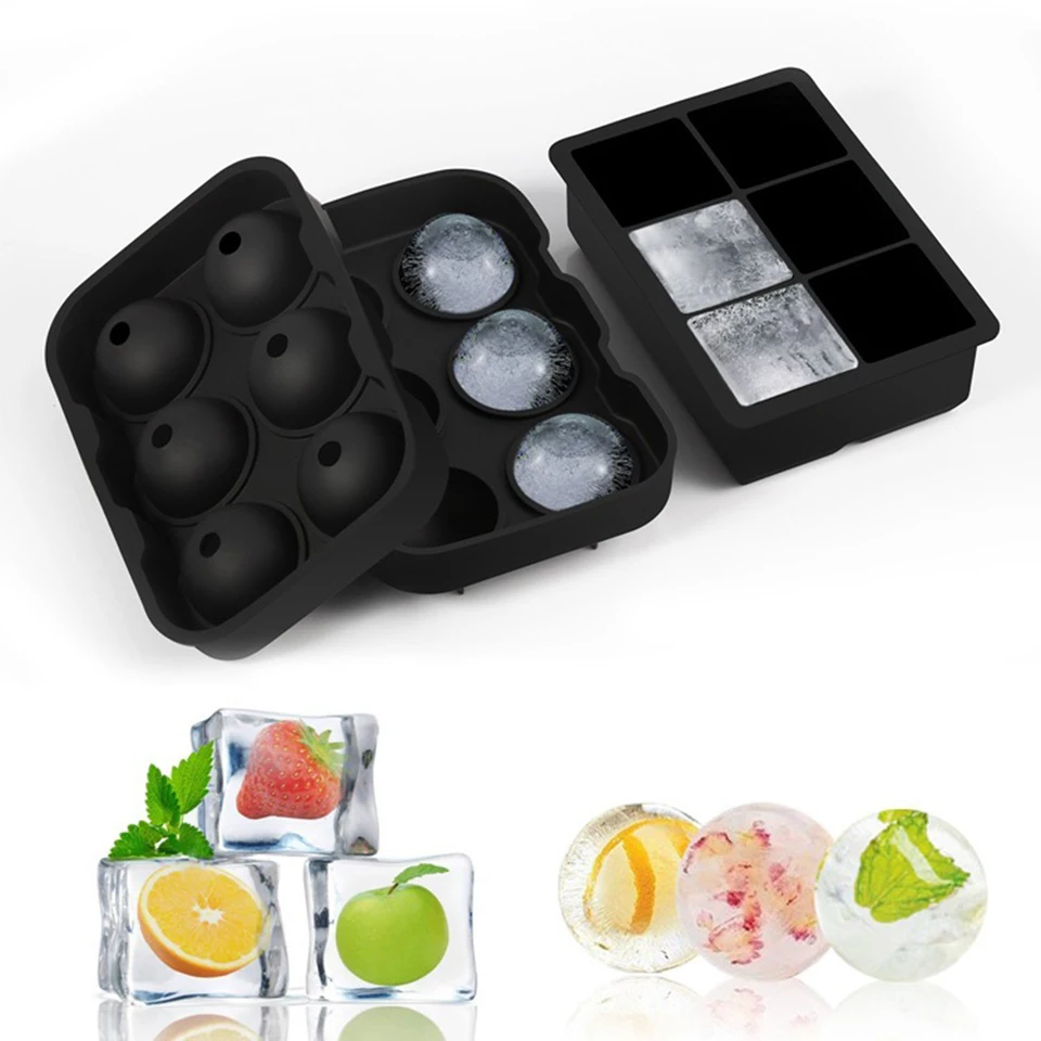 Transhome Ice Cube Ball Maker Mold Large Size 6 Cell Round Square Cocktail Whiskey Silicone 3D Ice Ball Mold Party Bar Tool