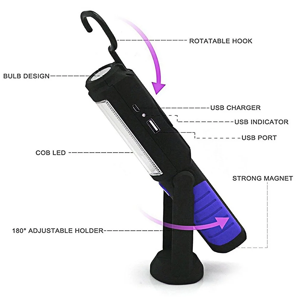 COB светодиодный светильник-вспышка с подзарядкой от USB 7 Вт, рабочий светильник с магнитной опорой, фонарь с крюком для кемпинга, бытовой мастерской, автомобиля