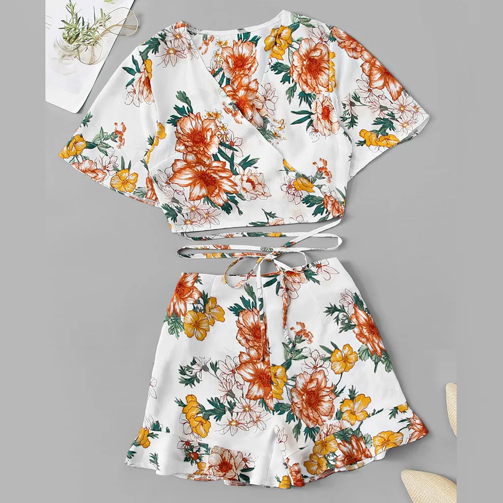

Dropshipping CHAONAN SUMMERW omen Short Sleeve Floral Print Blouse Pullover Tops / Shorts Pants Set Suit 2019 NEW