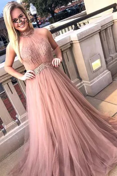 

Fitted Rose Pink Evening Dresses Long A Line Tulle Prom Dress Sexy Backless Appliques Summer Original Evening Dress For Teen