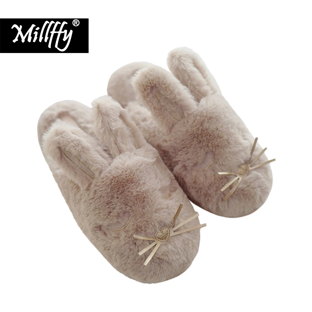 Millffy bunny/зимние бархатные теплые домашние тапочки с заячьими ушками Нескользящие