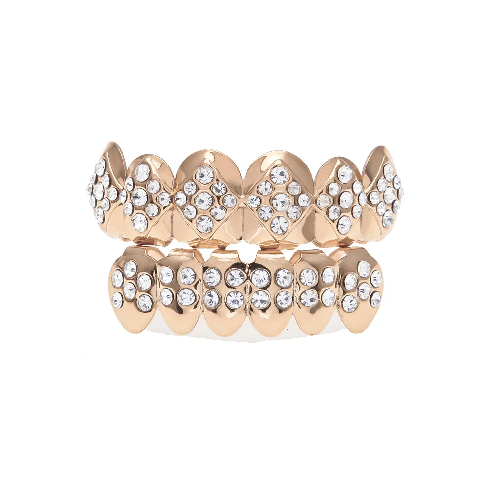 

Men Women Body Jewelry Iced out Hip Hop Top rose gold color Bottom Teeth Grillz cross False Teeth Bump Lattice Dental Grills Set