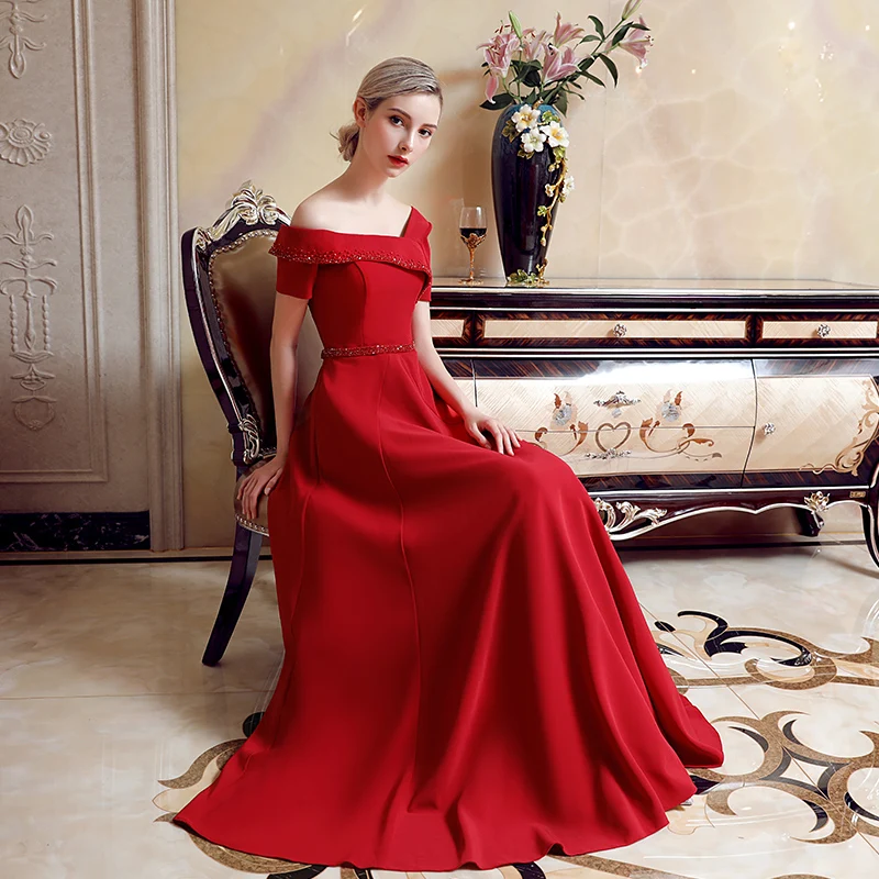 Женское вечернее платье с коротким рукавом CEEWHY Красное длинное бусинами Vestido de