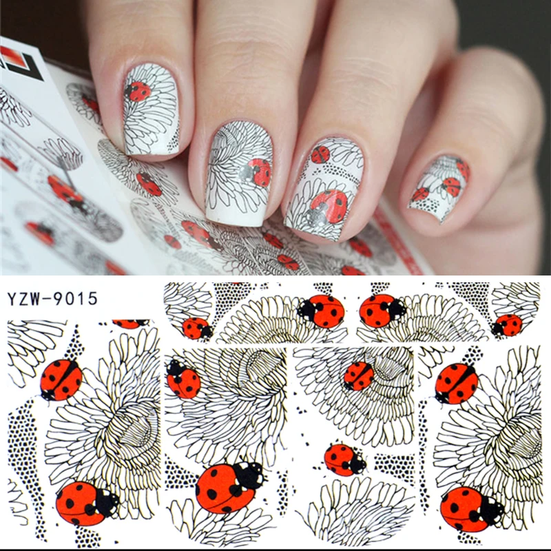 

YWK 1 Sheet Fashion Water Transfer 3D Grey Cute Ladybug Pattern Nails Stickers Full Wraps Manicure Decal DIY Nail Art Sticker