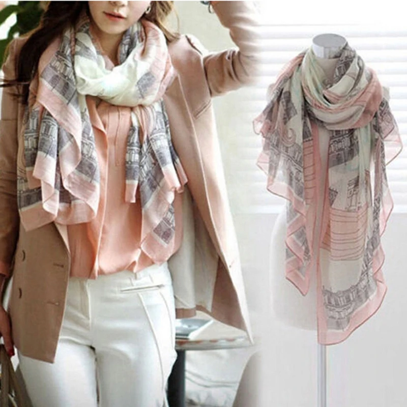 

Elegant Women Long Print Chiffon Scarf Wrap Ladies Shawl Large Scarves Pink Landscape Print Scarf Shawl Dual Use