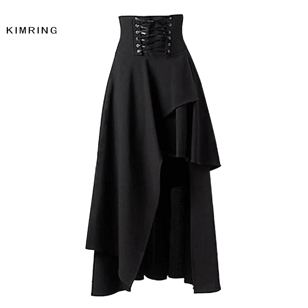 Kimring викторианская готика юбка ретро юбка в стиле панк Мода Лолита Высокая талия юбка женский костюм - Цвет: Black