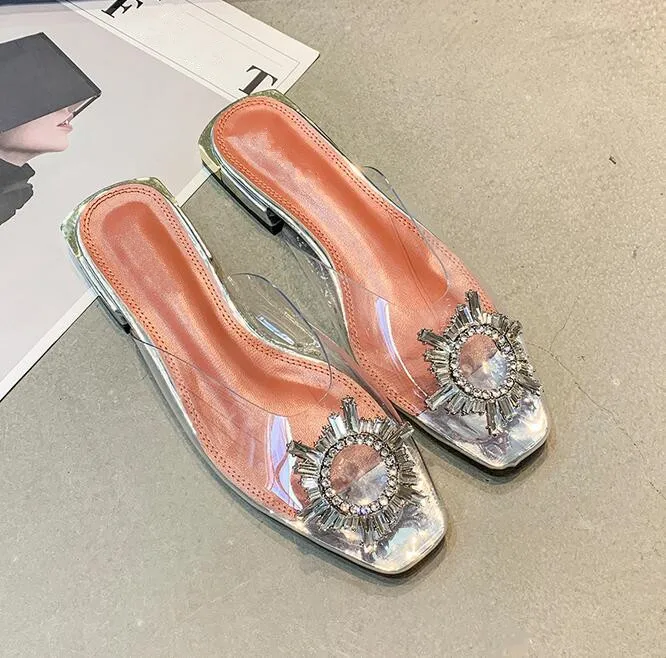 

European Summer Fashion Crystals Flat Women Slippers PVC Cover Toe Casual Slides Lady