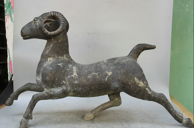 

JP S0524 26" Old Chinese Bronze Folk Animal run Zodiac Year Sheep Goat sculpture Statue