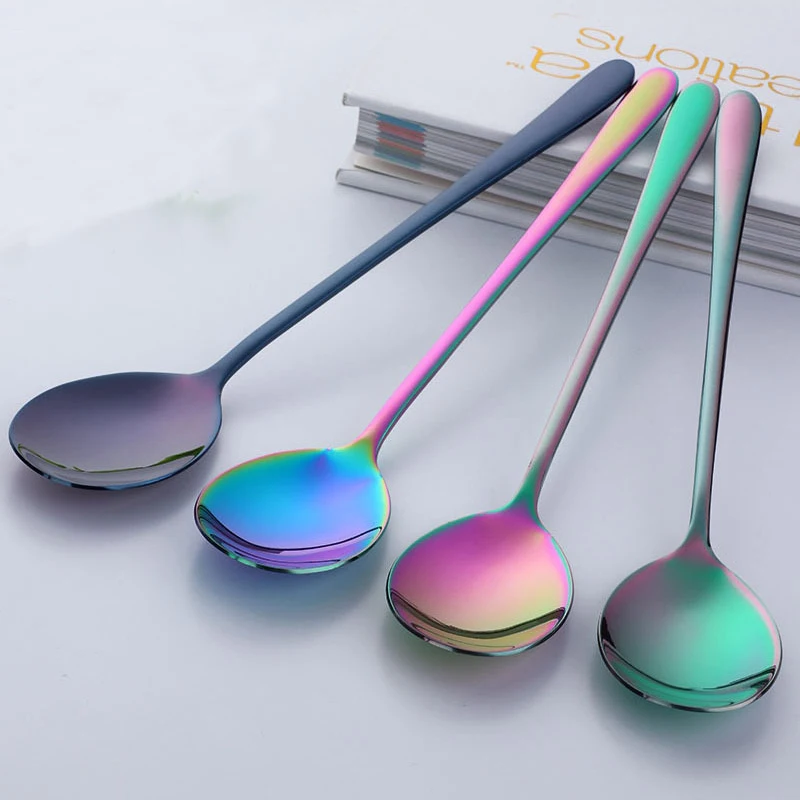 4 Color Stainless Steel Colorful Long Handled Spoons Flatware Coffee