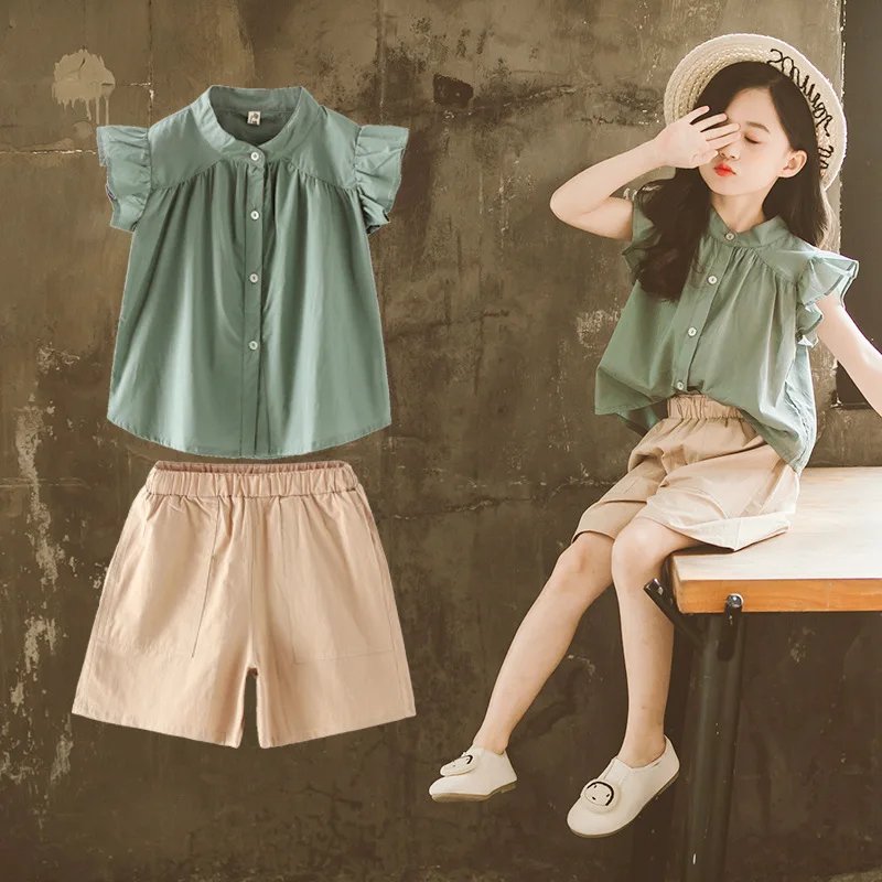 

2019 New Teenage Girls Clothing Set Summer Tracksuit 2pcs School Uniform Girls Clothes Children Outfits Blouses Shirts + Shorts