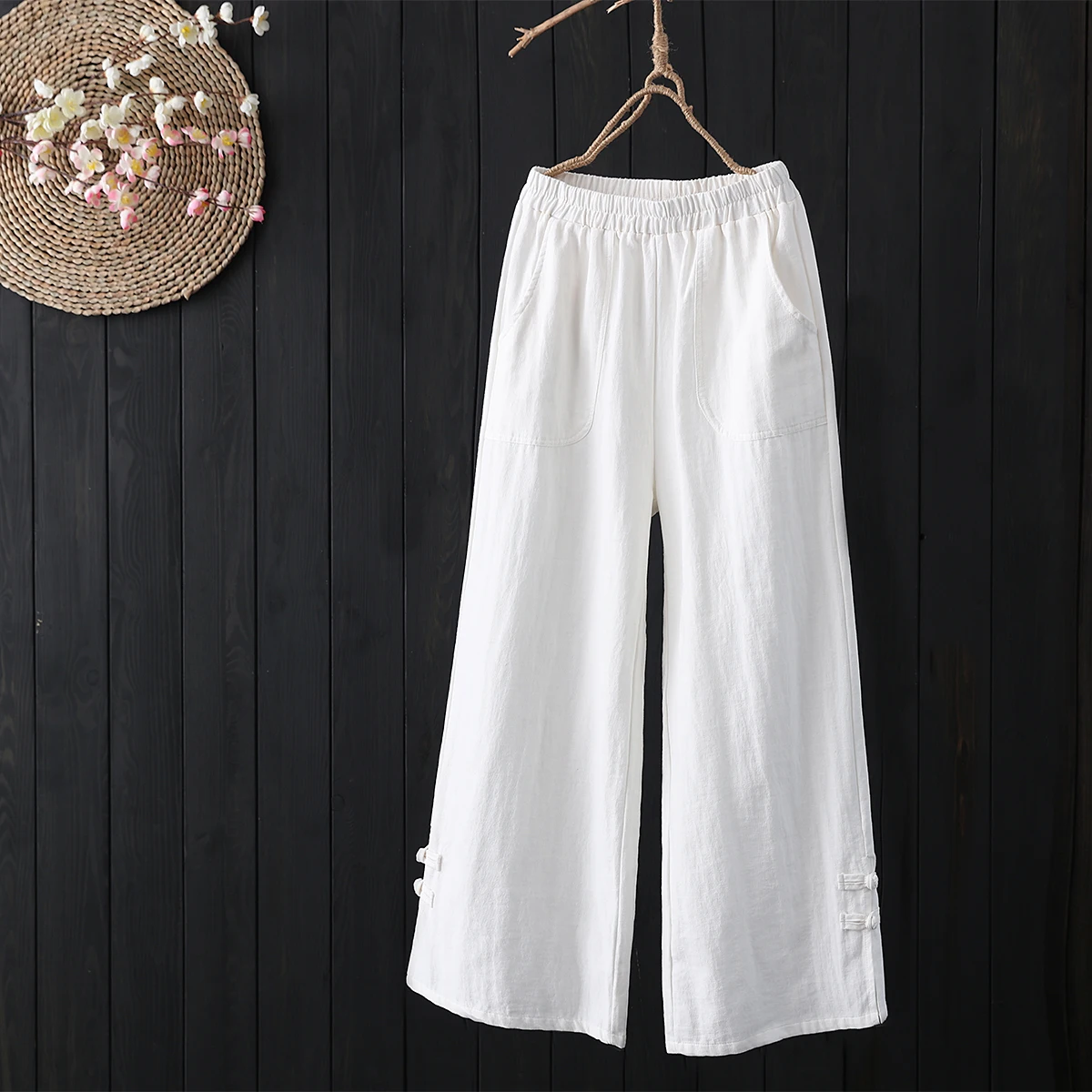 

Chinese style Zen Meditate Buckle Wide leg pants women Cotton Linen Full Length trousers Elastic Waist