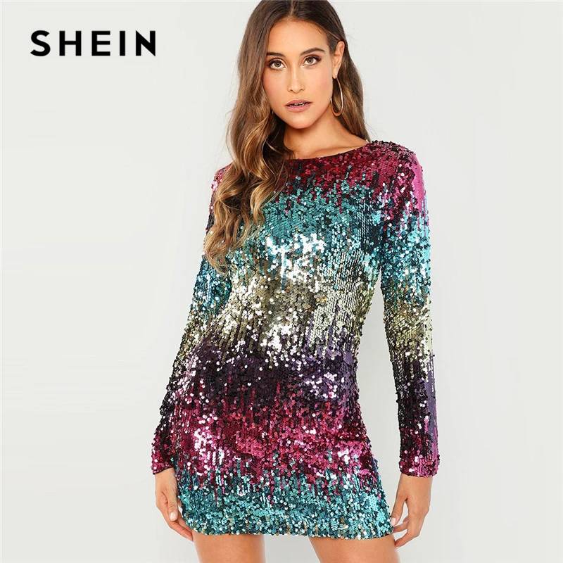 

SHEIN Multicolor Party Sequins Iridescent Skinny Round Neck Long Sleeve Dress 2018 Autumn Night Out Women Dresses