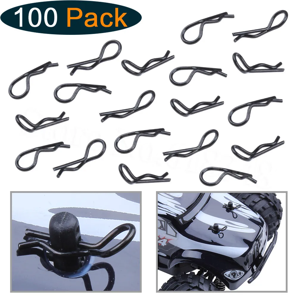 100 Pack RC Bent Body Clips Springy R Pins Black Post Mount for 1/12 1/10 Car 