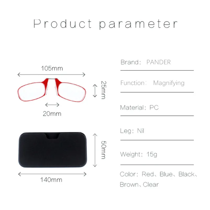 PANDER, дешевые очки для чтения с зажимом для носа, чехол, мини портативные женские и мужские Pc очки для пресбиопики, черные прозрачные 1,5 2,0