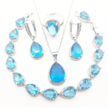 

Sea-Blue Zircon White Rhinestones Sliver 925 Wedding Jewelry Sets Earrings/Pendant/Necklace/Rings/Bracelet Set For Women