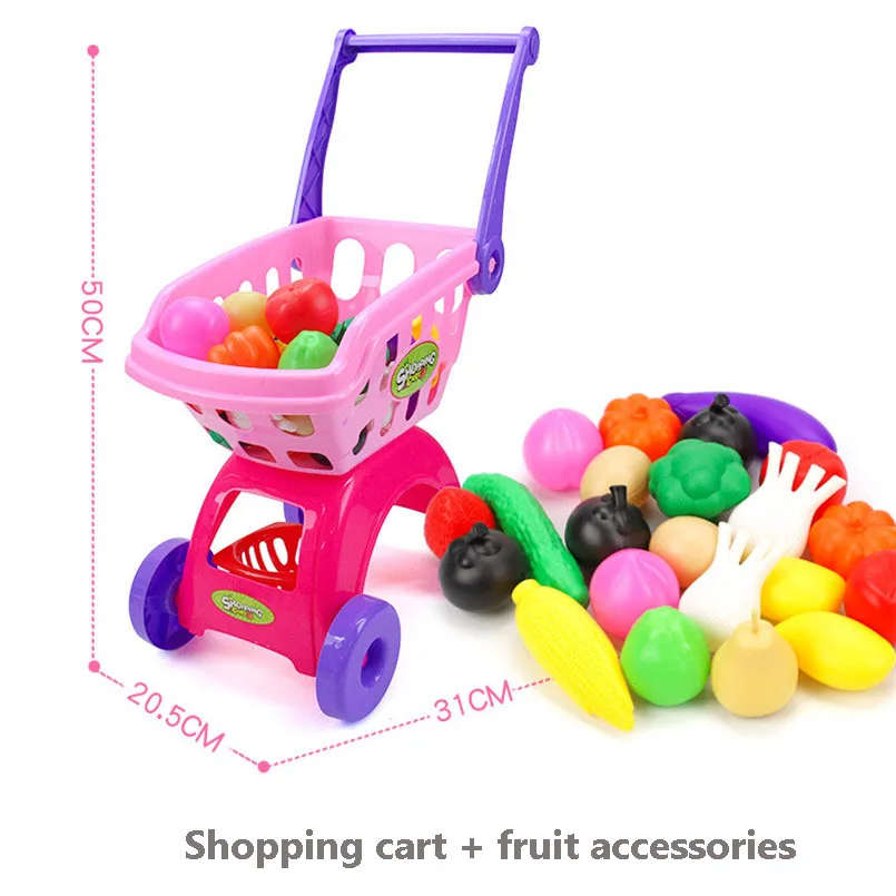 Kids Supermarket Shopping Groceries Cart Trolley Toys For Girls Kitchen Play House Simulation Fruits Pretend Baby Toy 25Pcs/Set