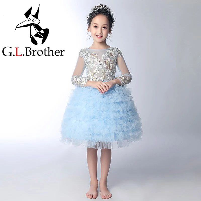 

Layered Princess Dress Embroidery Flower Girl Dresses For Wedding Lace Up Kids Pageant Dress For Birthday Party Gowns B191