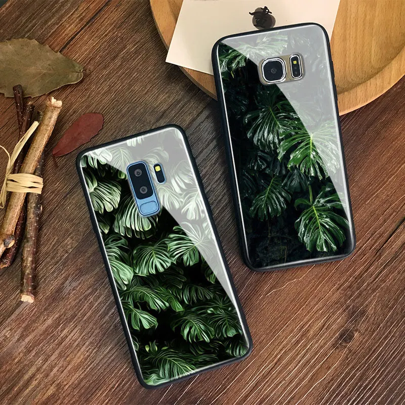 

Green tropical leaves Palm leaf Soft Silicone Glass Phone Case Cover for Samsung Galaxy S8 S9 S10e S10 Note 8 9 10 Plus