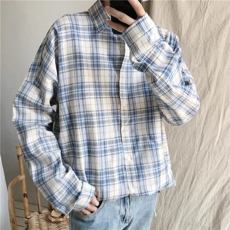 

Fashion New Casual Men's Autumn Personality Shirt M-XL Long-sleeved Popular Slim Simple Lattice Youth Wild Temperament