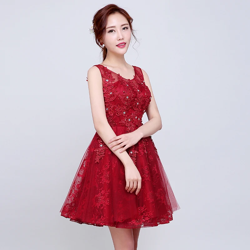 

2016 Robe De Soiree Red Beading Lace Slit Short Cocktail Dresses luxury Formal Prom Gown burgundy Prom Dresses robe rouge