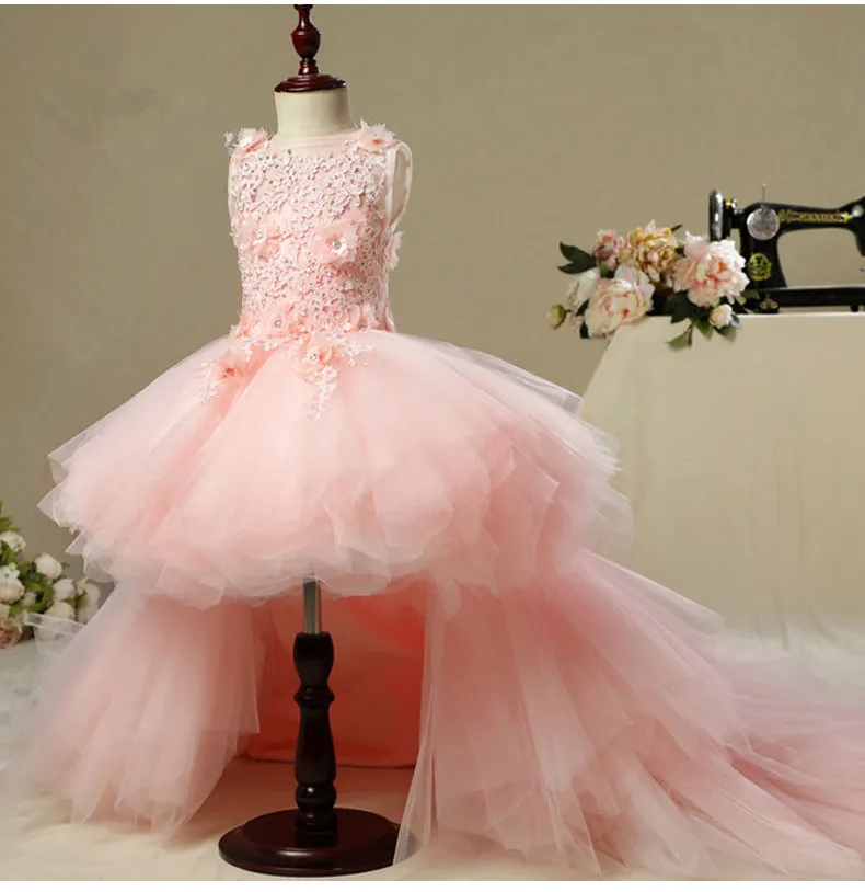 Элегантное платье с длинным шлейфом и аппликацией для первого причастия; розовое фатиновое бальное платье для девочек; Пышное Платье с цветочным узором для девочек; платье для свадьбы