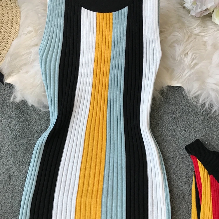 Sleeveless Round Neck Rainbow Vertical Striped Vintage Knit Dress