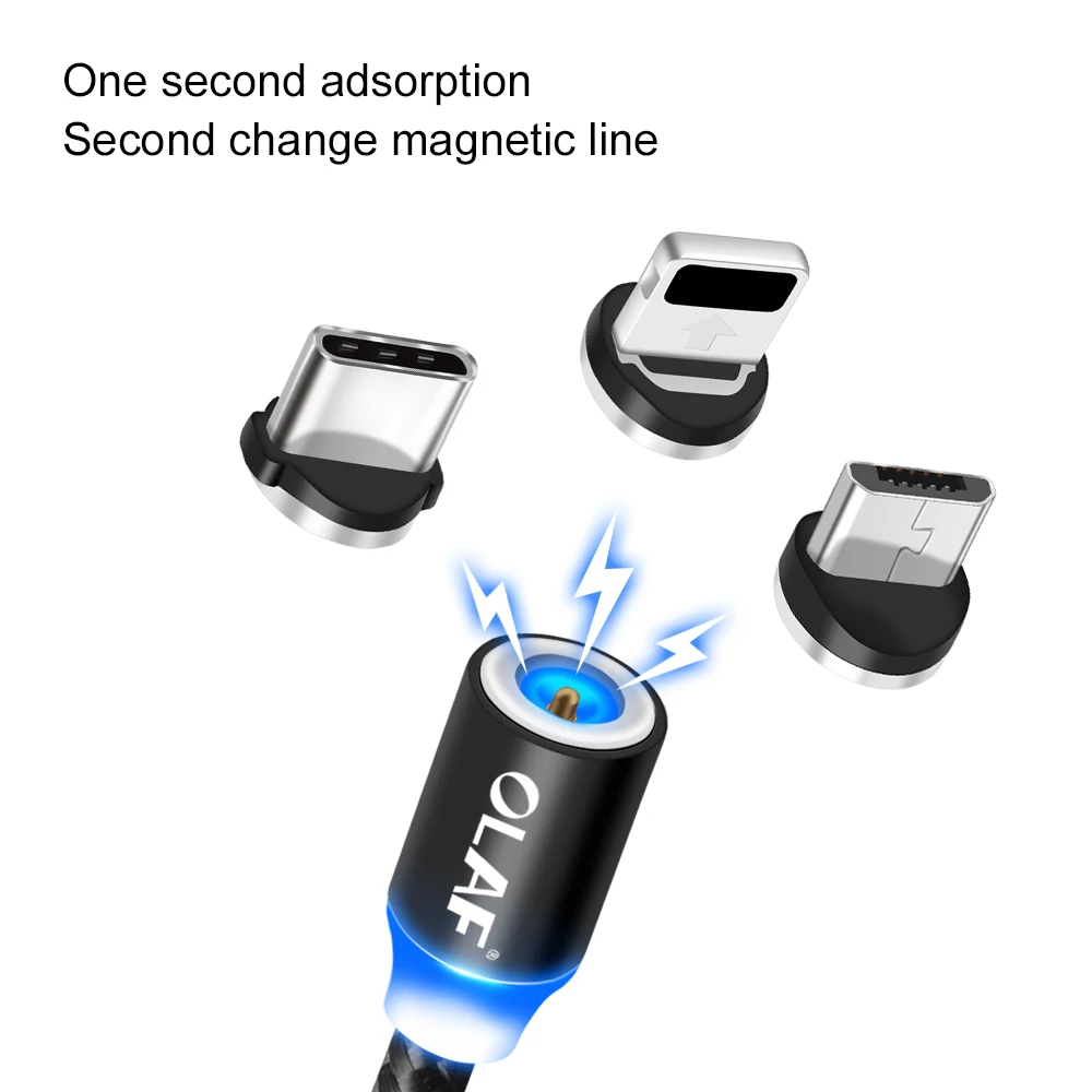 Магнитный зарядный кабель OLAF 1 м, кабель Micro USB для iPhone XR XS Max X, Магнитный зарядный кабель usb type C, светодиодный зарядный провод