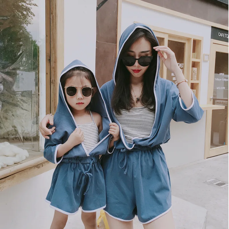 2pcs Set New Arrived Mother Daughter Hooded Jumpsuit + Sun-top Vest Family Matching Clothes Mommy and Me Clothes 2 3 4 5 6 7 Age
